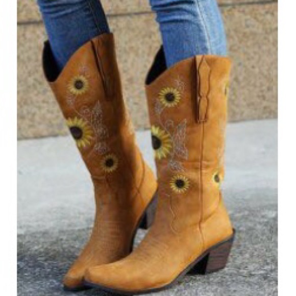 Tan Sunflower Embroidered Heeled Boots - Picture 1 of 6